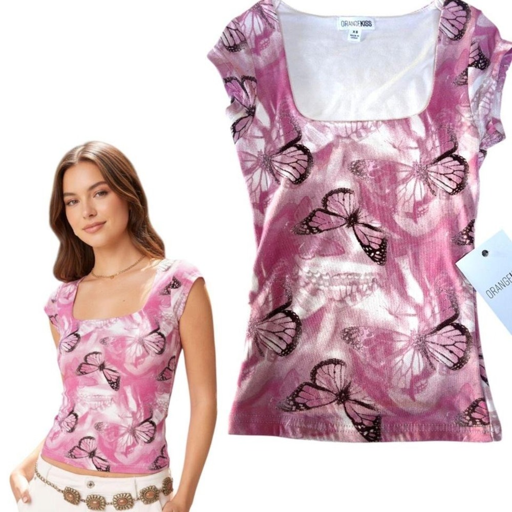 Y2K PINK BUTTERFLY GRAPHIC TOP SHIRT X SMALL NWT - Picture 2 of 3